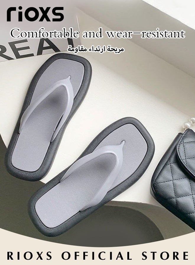 RIOXS Women's Flip Flops, Lightweight Thong Slides for Women, Anti-slip Square Toe Flat Slippers, Ladies Slip On Shower Slippers, Flip Flop Sandals for Beach, Womens Fashion Flip-Flops, Soft Comfort Flip-flops Slipper, Minimalist Flip Flops Grey Open-toed Footwear - Image 2